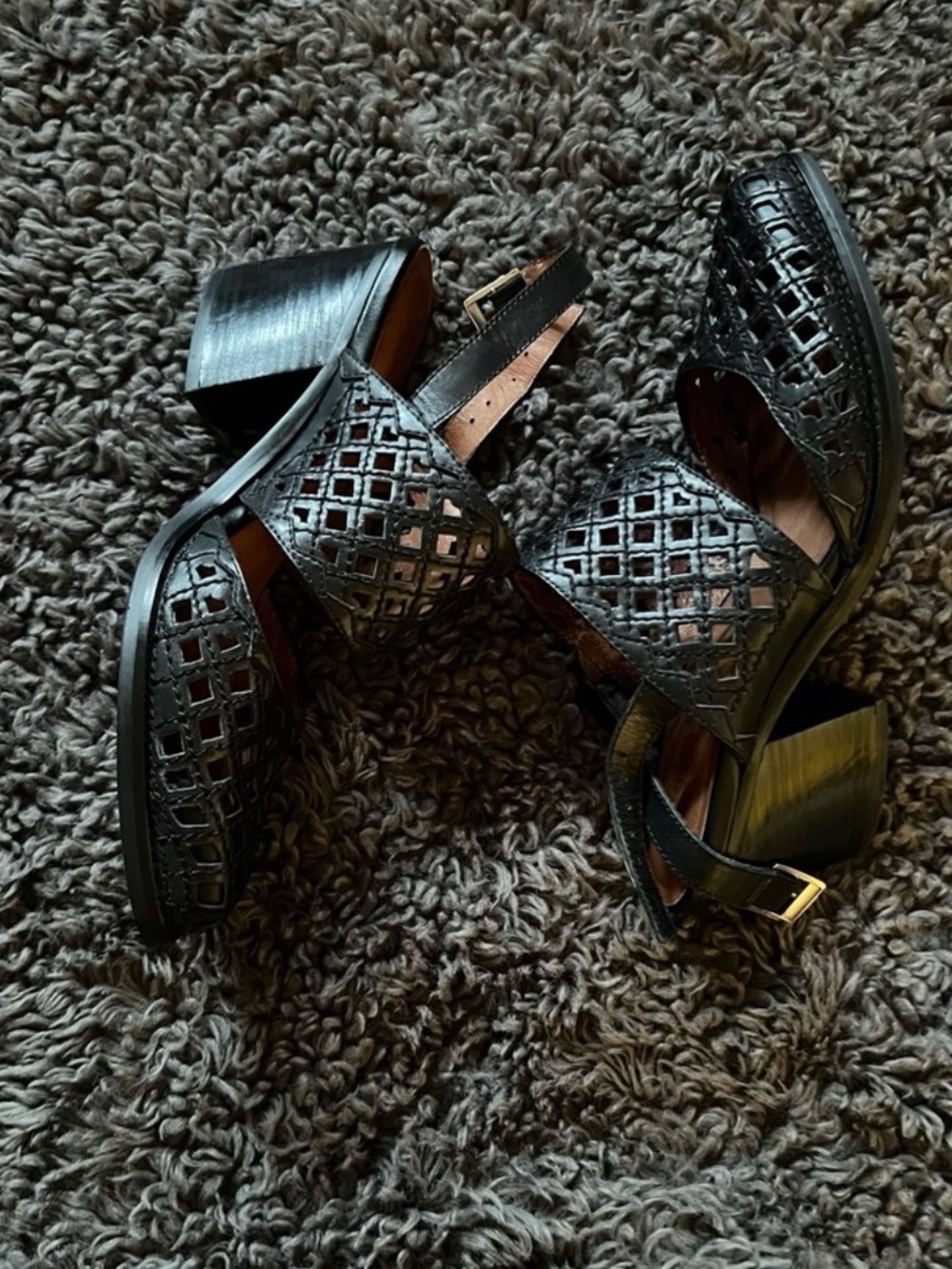 Jeffrey Campbell Black Lattice Cutout Block Heel Sandals